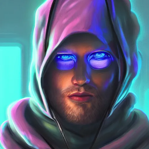 Image similar to a portrait of an ultradetailed futuristic male cyberpunk wearing a hoodie on his head, bearded, deep blue eyes, by dylan kowalski, 8 k, purple neon colours, digital painting, trending on artstation