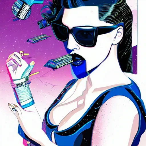 Prompt: sexy hyper detailed comic illustration of a cyberpunk alluring Kat Dennings wearing Balenciaga sunglasses and a gorpcore jacket, markings on her face, by Josan Gonzalez and Patrick Nagel, intricate details, vibrant, solid background, low angle fish eye lens