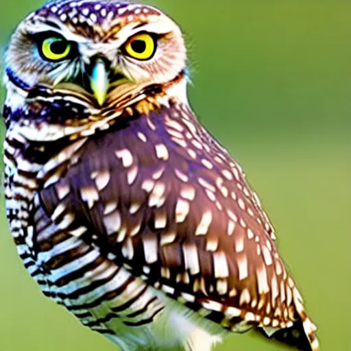 Prompt: a picture of a burrowing owl sitting with his legs splayed out to the sides