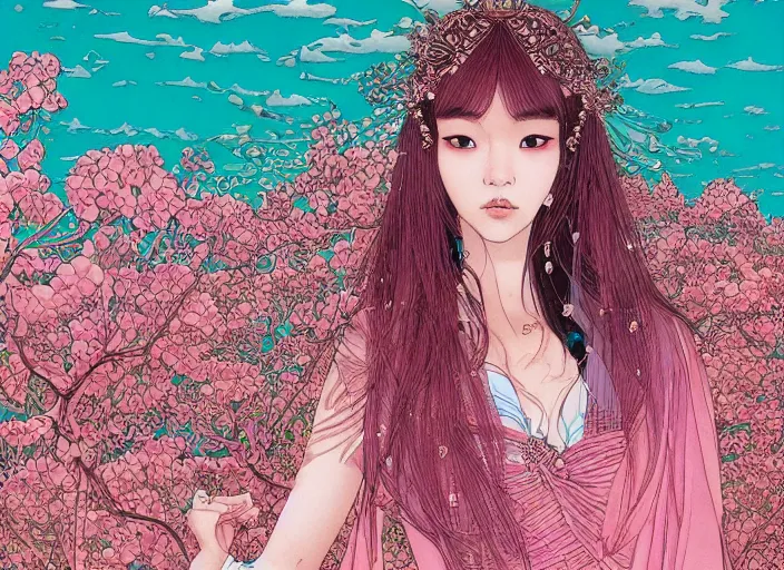 Image similar to lee jin - eun in luxurious dress emerging from pink and turquoise water in egyptian pyramid city during an eclipse by takato yamamoto, nicola samuri, conrad roset, m. k. kaluta, martine johanna, rule of thirds, elegant look, beautiful, chic, face anatomy, cute complexion