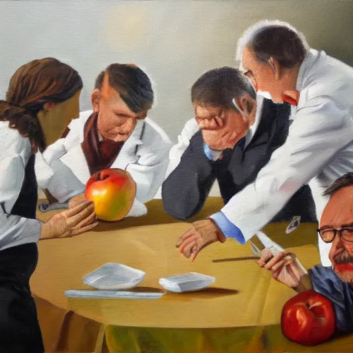 Image similar to oil painting of scientists comparing apples and oranges,