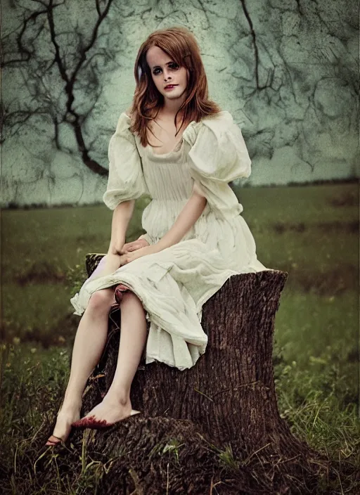 Prompt: facial portrait of emma watson sitting on a tree stump in a field, by oleg oprisco