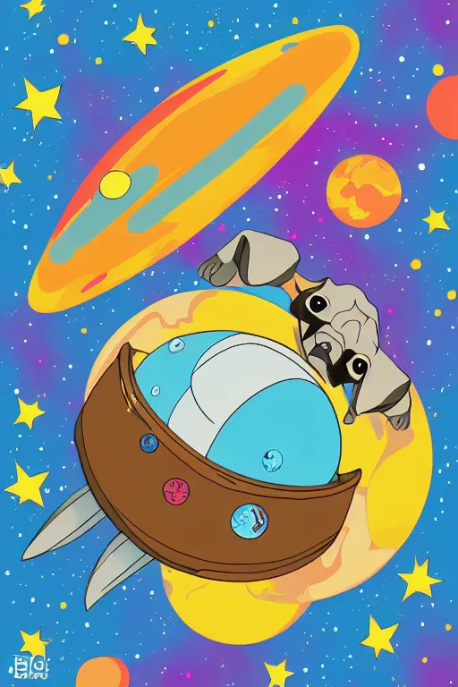 Image similar to planet pug floating in space, art by brian miller, sticker, colorful, illustration, highly detailed, simple, smooth and clean vector curves, no jagged lines, vector art, smooth