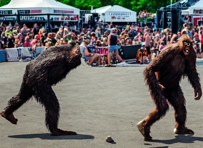 Prompt: photo still of sasquatch on stage at vans warped tour!!!!!!!! at age 4 8 years old 4 8 years of age!!!!!!! throwing rocks and berries at the crowd, 8 k, 8 5 mm f 1. 8, studio lighting, rim light, right side key light