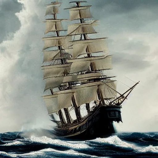 Prompt: tall ship with ripped sails caught in giant whirlpool in a hurricane. pirates of the caribbean 4 k