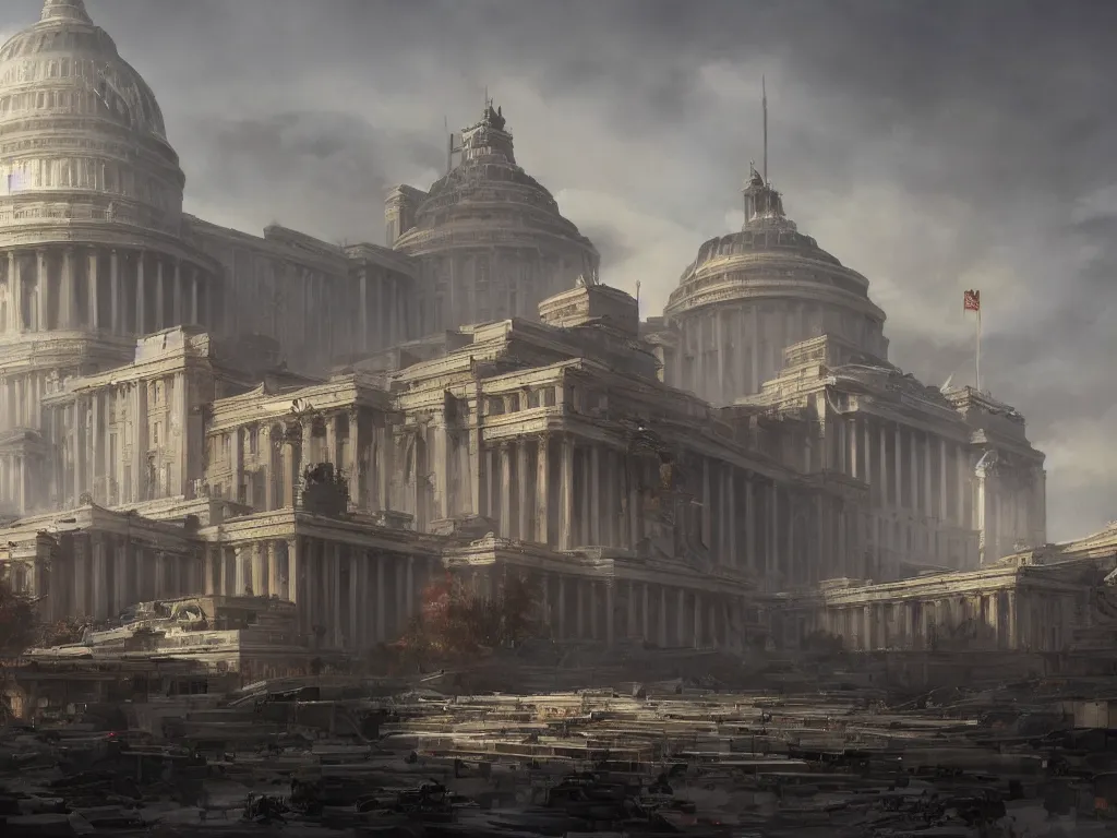 Image similar to matte painting by fan wennan and greg rutkowski. future capitol of the american communist party shining in the sun after the triumph of socialism in america, hyperdetailed, cinematic, photorealistic, hyperrealism, masterpiece, future communist governmental architecture concept art, statue, imposing, strength, abundance, life. america 2 0 9 8