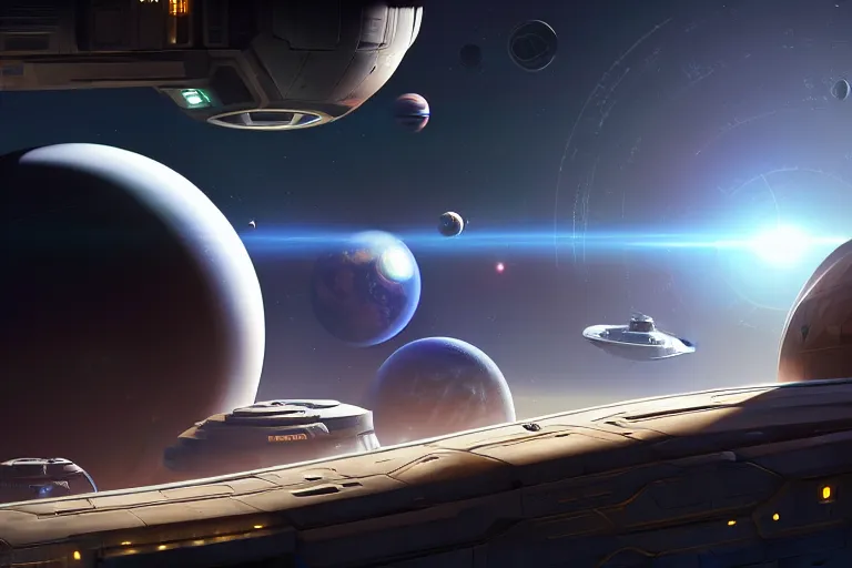 Image similar to exterior shot of a space base with a huge windows in orbit of a planet, you can see the planet below clearly, the planet is warm with canyons, sharp focus, concept art, very detailed, very realistic, trending on artstation, in the style of star citizen, star wars, overwatch, elite dangerous, beautiful, sci fi, cinematic shot, great composition