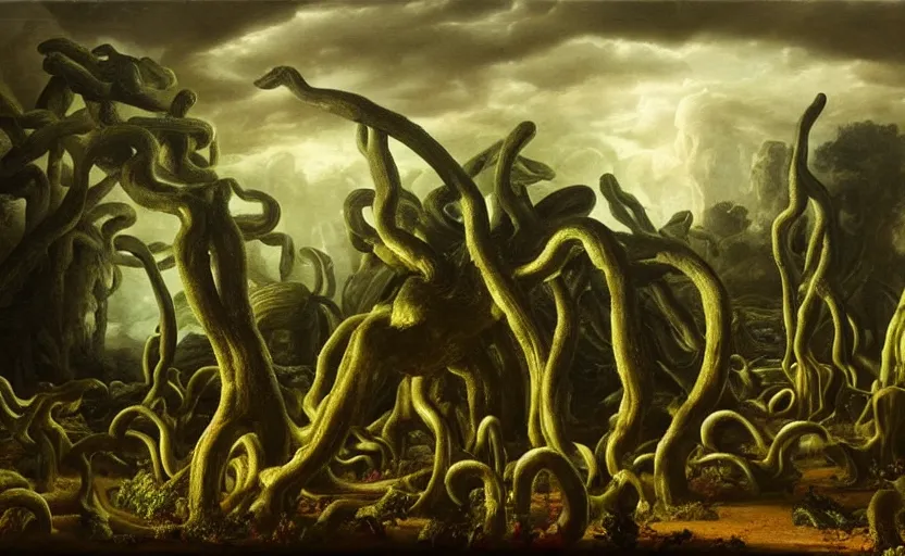 Image similar to strange hyper real disturbing tendril surrealistic landscape with very small strange figures in the distance with large looming shiny biomorphic skinny figures looming inthe foreground, cast shadows, chiaroscuro, painted by dali and rachel ruysch, timeless disturbing masterpiece