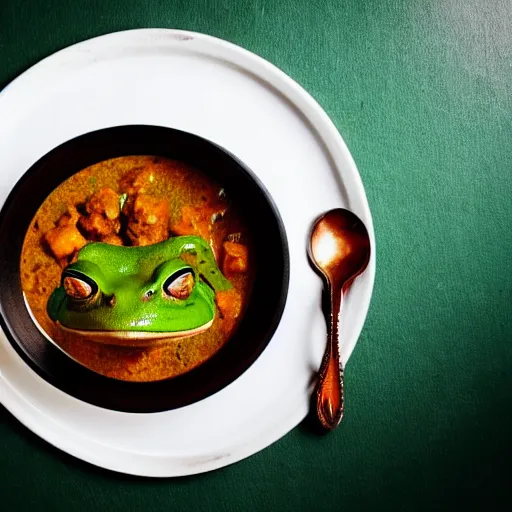 Image similar to photo of a man with three eyes ecstatically eating a bowl of indian frog curry. third eye forehead joy pineal eye minds eye cyclops, hands raised