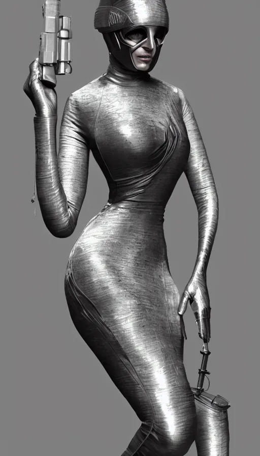 Image similar to a woman wearing a silver dress and a silver mask, cyberpunk art by zhou fang, cgsociety, computer art, daz 3 d, zbrush, rendered in maya
