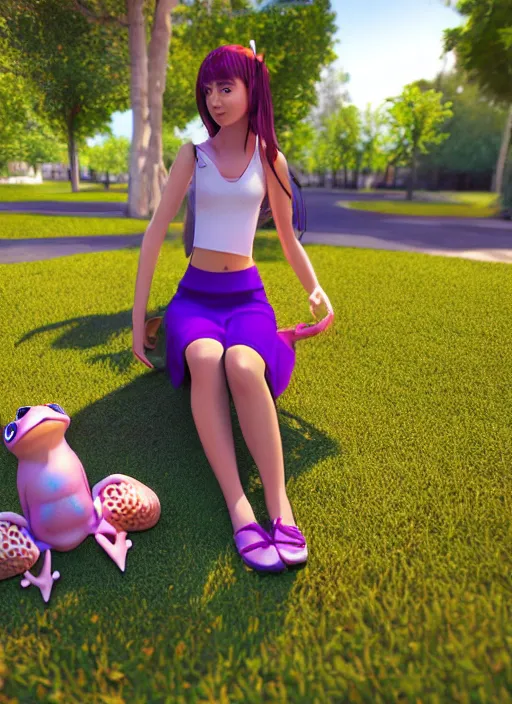 Prompt: ai 3 d girl in metaverse ; sitting in the park and holding a frog ; apricot and purple colors ; unreal engine ; wide angle ; 3 d ; highly detailed