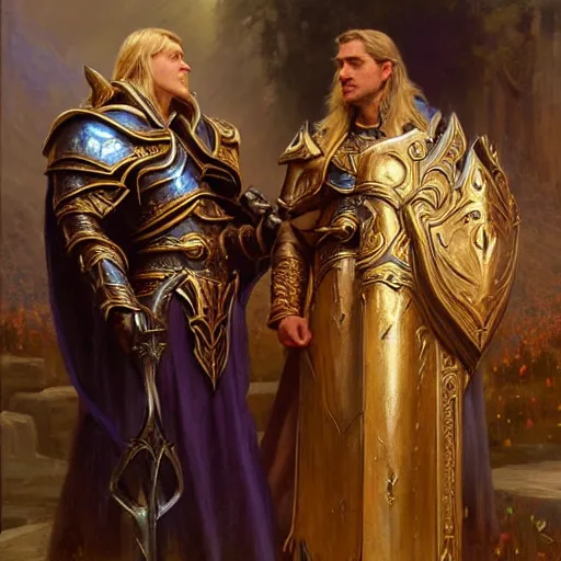Prompt: attractive fully clothed arthas menethil confesses his love for his attractive fully clothed paladin uther lightbringer. highly detailed painting by gaston bussiere and j. c. leyendecker 8 k