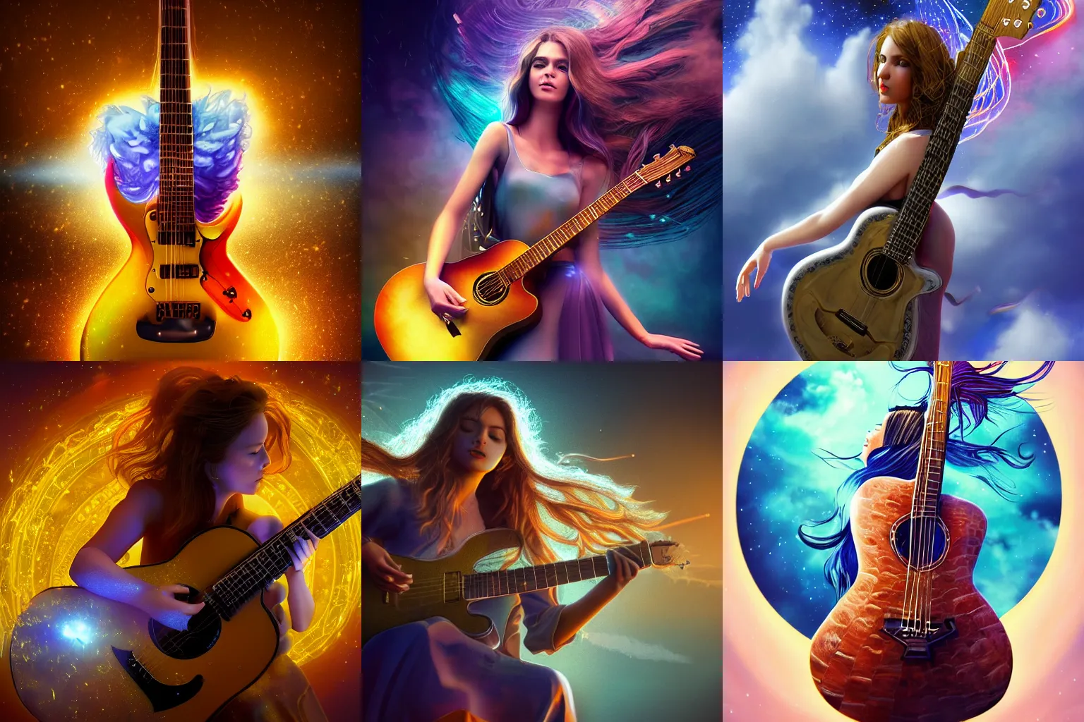 Prompt: a beautiful female human god of guitars character, character is in all its glory, character is centered on the image, character is flying, rim lights, magic in the air, fancy clouds, highly detailed professional photo, dynamic lights, particles are flying, depth of field, trending on artstation, illustration, hyper realistic, vray caustics, super detailed, colorful accents, cinematic shot