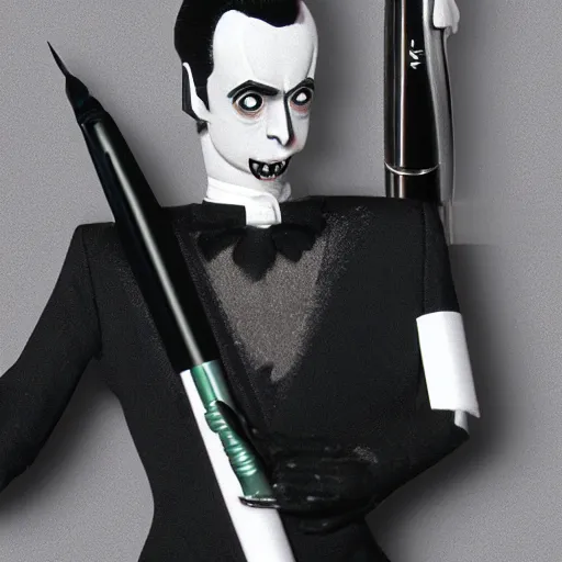 Image similar to an official product photo ad of klaus nomi with a technical reed rollerball pen exacto knife by junji ito, ethereal eel