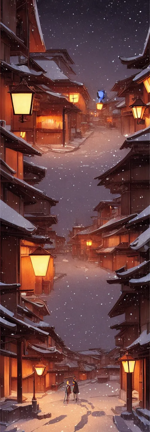 Image similar to empty rural japanese town at night, winter, in the style of studio ghibli, j. c. leyendecker, greg rutkowski, artem