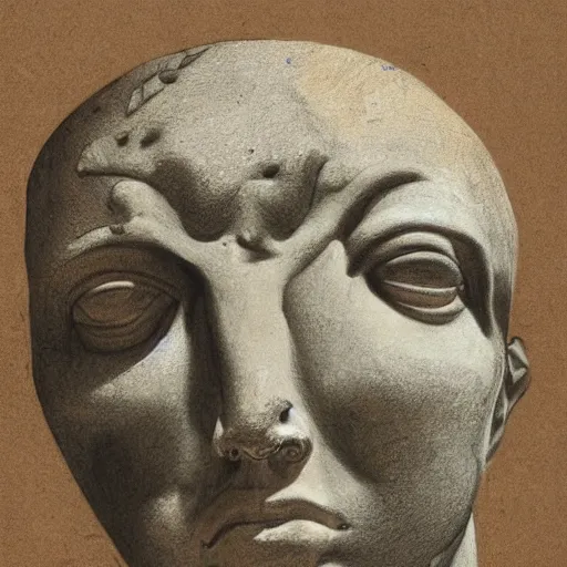 Prompt: a broken statue of david, broken head, cracked head, realism drawing
