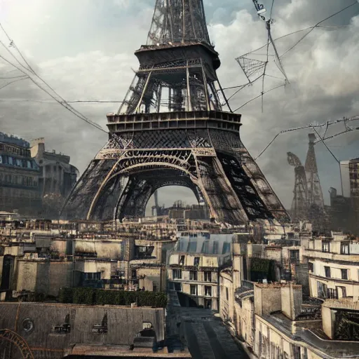 Image similar to post apocalyptic Paris with Eiffel tower, artstation, concept art, unreal engine, 8k, photorealistic