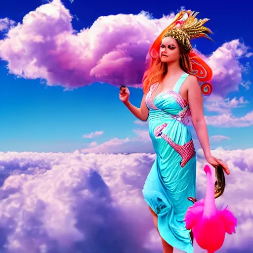 Image similar to goddess wearing a flamingo fashion on the clouds, photoshop, colossal, creative, giant, digital art, photo manipulation, clouds, sky view from the airplane window, covered in clouds, girl clouds, on clouds, covered by clouds