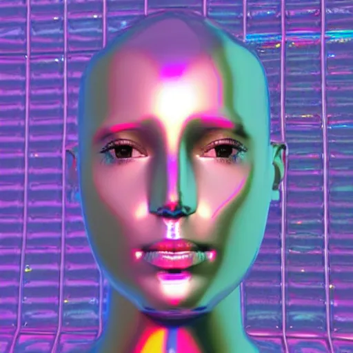 Image similar to 3d render of holographic human robotic head made of glossy iridescent, surrealistic 3d illustration of a human face non-binary, non binary model, 3d model human, cryengine, made of holographic texture, holographic material, holographic rainbow, concept of cyborg and artificial intelligence