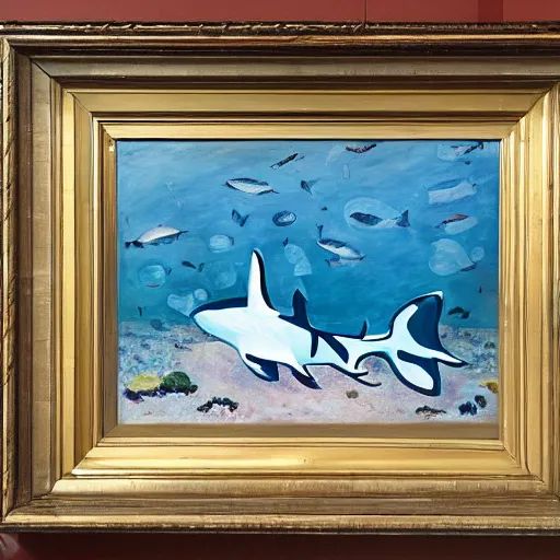 Prompt: oil painting of a white tip reef shark working as a coldstream guard outside the royal palace