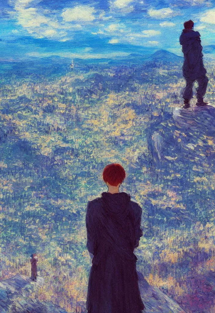 Image similar to tiny god in front of a japanese city in the mountain. cyberpunk. beautiful blue sky. gorgeous epic nature, lofi, vivid colors, amazing light, by jeremy lipkin, by claude monet, heavily inspired by makoto shinkai, inspired by ghibli, masterpiece, multiple brush strokes, impressionist style