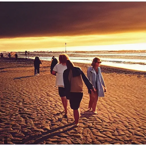 Prompt: a candid style photography of people walking on an Oregon beach, natural lighting, golden hour, well lit, Kodak gold 200 film, trending on instagram