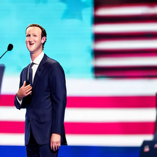 Image similar to detailed photos of mark zuckerburg at the republican national convention podium as the republican presidential candidate, photos, event photos, canon mark ii, f / 1. 2, focused photo