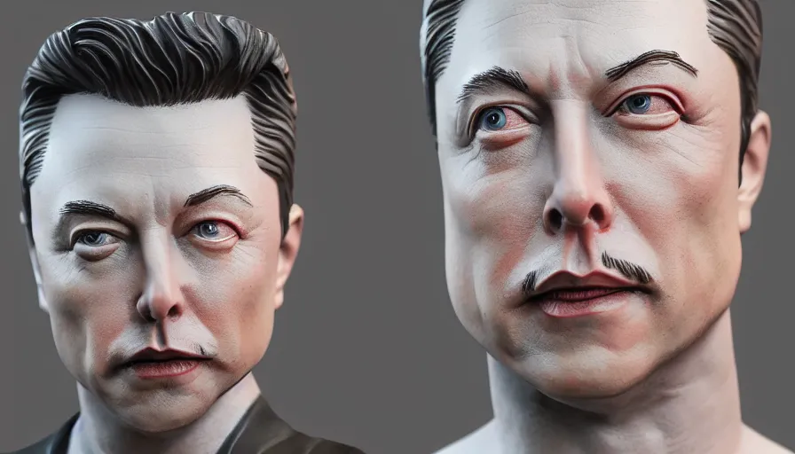 Prompt: hand painted elon musk figurine statue, grey background, hyperdetailed, artstation, cgsociety, 8 k