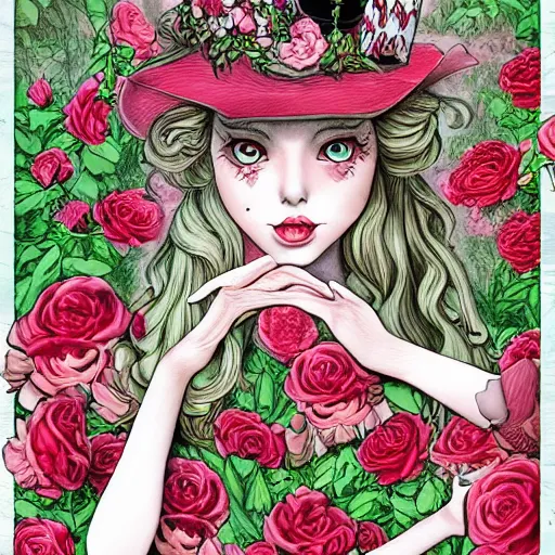 Prompt: Alice in Wonderland at the tea party with Mad Hatter, surrounded by red and white roses, digital illustration, inspired by Aeon Flux, Japanese shoujo manga, pre-raphaelite, Möbius, hyper detailed, phantasmagoric, muted and pastel shades, extremely fine drawn inklines