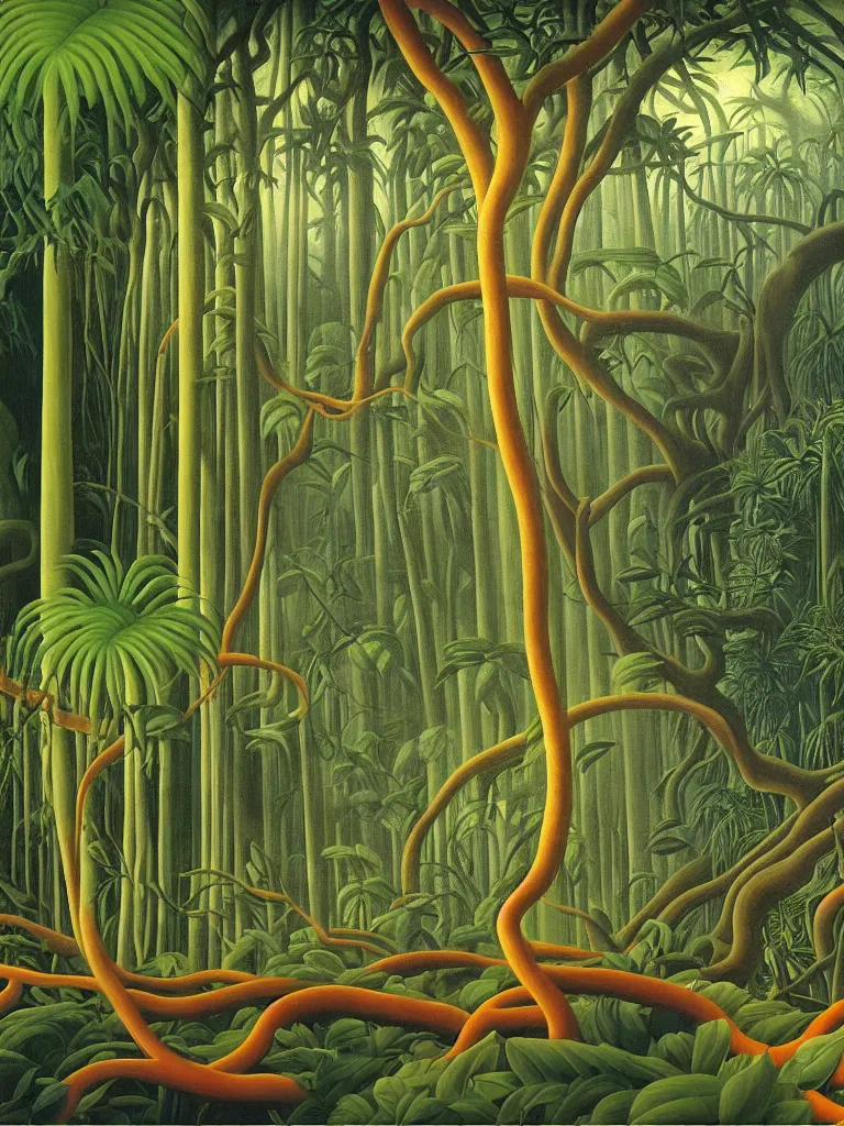 Image similar to A beautiful painting of a foreboding atmosphere inside the lush Malaysian jungle, dense exotic rainforest flora and fauna where time seems to stand still, creeping tree vines that looks like bloody entrails, tree roots like severed limbs by Martin Johnson Heade, Hiroshi Sugimoto, Henri Rousseau, medium close up shot, wide angle lens, photo realistic, anaglyph filter, cinematic mood lighting, National Geographic photograph, cinematography of Apocalypse Now (1977), trending on Art Station.