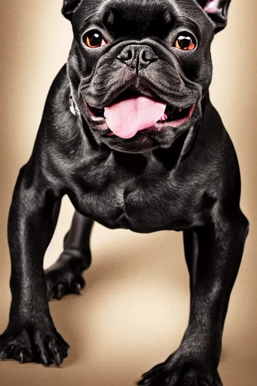 Image similar to full body portrait of a black french bulldog, symmetrical, detailed facial features, victorian female clothing, cinematic lighting, highly detailed, by annie leibovitz, 4 k,