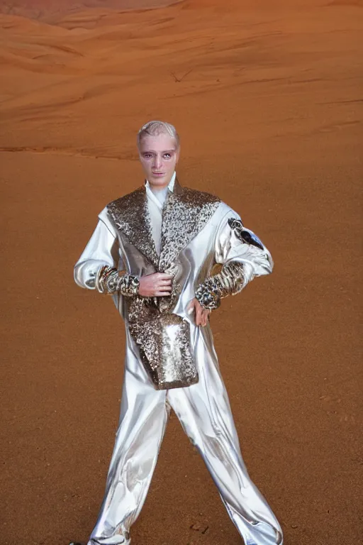 Image similar to portrait davis taylor brown dressed in 1 9 8 1 space fantasy fashion, avante garde, shiny metal, standing in a desert