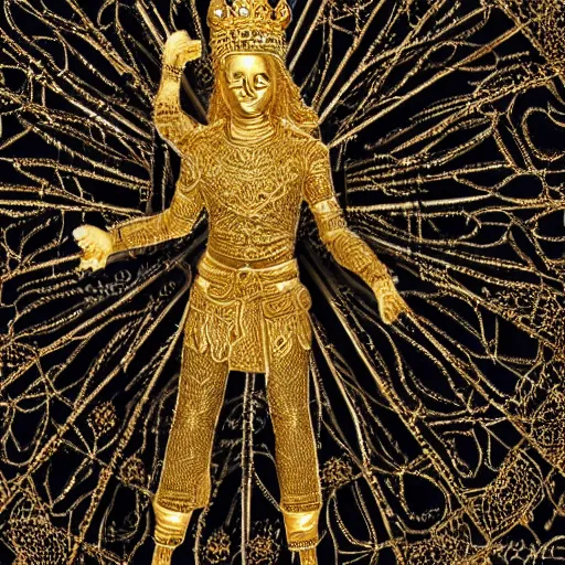 Image similar to epic deatailed golden statue of the King, surrounded by intricate gold lace metalwork on a black smokey background. metallic, accent lighting, glowing, gold