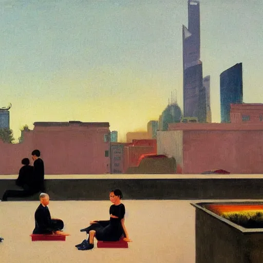 Image similar to a small rooftop with a couple of people sitting and watching the view, wearing black modern clothes, modern shanghai bund is on the background, sunset, by edward hopper, by gregory crewdson