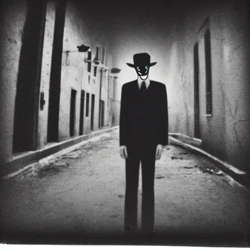 Prompt: polaroid of slenderman standing in dark alley