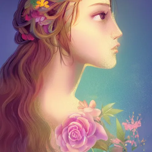 Image similar to high detail portrait of a beautiful woman with her hair down and surrounded by soft florals, vaporwave lighting, dewy skin, concept art, beautiful