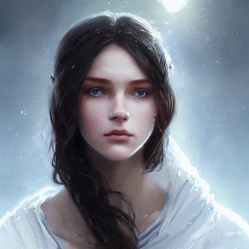 Image similar to portrait of a beautiful young woman with bright blue eyes, bunched dark hair, dressed in a white, detailed face, fantasy, highly detailed, cinematic lighting, digital art painting by greg rutkowski, trending on artstation, very very beautiful, very attractive