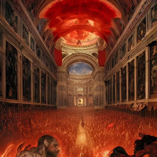 Image similar to the sistine chapel breaks open in half in the ceiling as a red magical portal from hell opens up, lucifer morningstar emerges along with hordes of demons, the priests and the pope look at the scene with terror in their eyes. highly detailed painting by gaston bussiere, greg rutkowski, craig mullins 8 k