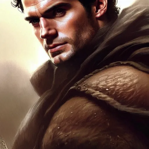 Image similar to Henry Cavill is a rugged ranger, D&D, muscular, fantasy, intricate, elegant, highly detailed, digital painting, artstation, concept art, smooth, sharp focus, illustration, art by artgerm and greg rutkowski and alphonse mucha