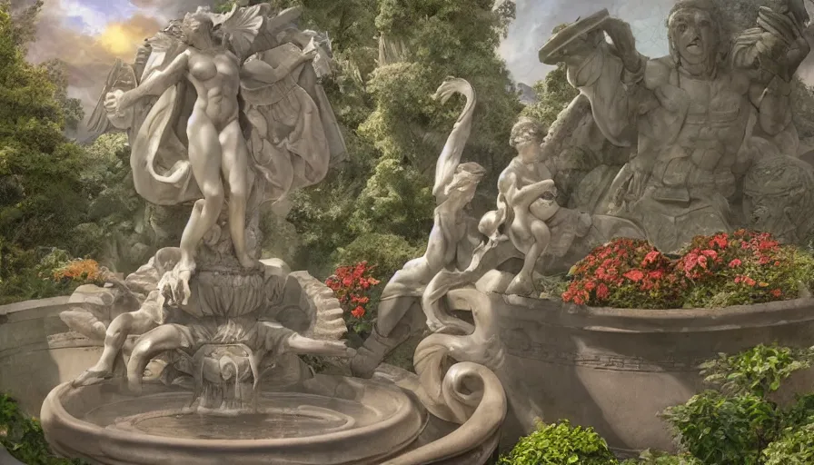 Image similar to craig mullins and studio ghibli illustration of a relief sculpture of the sun by michelangelo on top of a fountain in a garden, flowers, unreal engine, hyper realism, realistic shading, cinematic composition, realistic render, octane render, detailed textures, photorealistic, wide shot