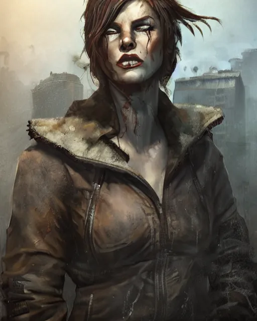 Image similar to battle hardened, charismatic, rugged fallout 5 female character, face centered portrait, confident, ruined cityscape, fog, rain, volumetric lighting, illustration, perfectly shaded, soft painting, art by mark kent, jordan lamarre - wan, igor kieryluk, maxim verehin, miranda meeks