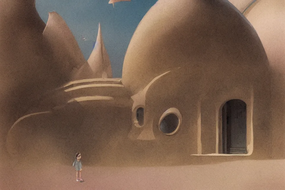 Prompt: atmospheric painting of a giant seashell house, a young girl stands outside, by moebius and john harris, atmospheric blues, concept art, saturation 40