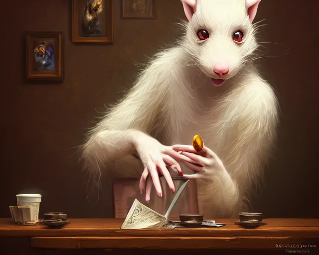 Prompt: photography of a female anthropomorphic albino rat fursona hipster sitting in a coffee shop, deep focus, d & d, fantasy, intricate, elegant, highly detailed, digital painting, artstation, concept art, matte, sharp focus, illustration, hearthstone, art by artgerm and greg rutkowski and alphonse mucha