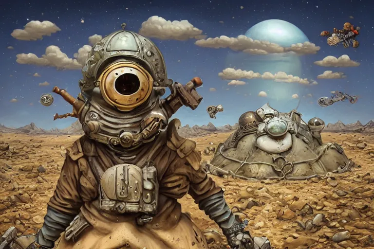 Image similar to a highly detailed forgotten garden gnome wearing goggles and head scarf surviving in a vast barren desert, hopeless wasteland background with a relentless raging sun overhead, post - apocalyptic road warrior vibe, dynamic pose, an ultrafine detailed painting by joe fenton, trending on deviantart, pop surrealism, whimsical, lowbrow, perfect symmetrical face, sharp focus, octane, masterpiece