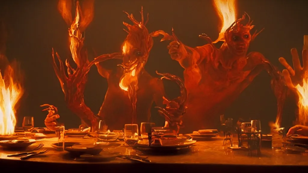 Image similar to the strange creature in a restaurant serves people, made of fire and water, film still from the movie directed by Denis Villeneuve with art direction by Salvador Dalí, wide lens