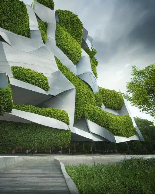 Image similar to a beautiful 3d renderings of buildings, architecture by Morphosis Architect. nature meets architecuture. vines and plants green landscape, Architectural photography, 14mm, cinematic photography, high resolution 4k, cg architects, vray, dramatic sky, cinematic lighting, wide angle, award winning,