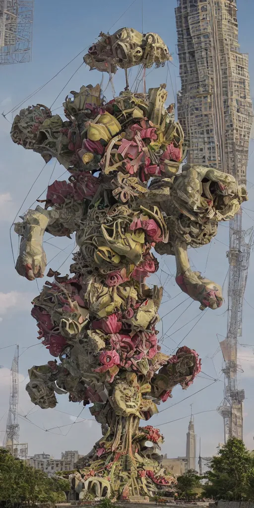 Image similar to colossal grotesque flower made from communist dreams in the middle of abandoned post soviet constructivist cityscape, Stalinist architecture, ultradetailed by Hayao Miyazaki and Josan Gonzalez and Makoto Shinkai and Giuseppe Arcimboldo and Wes Anderson