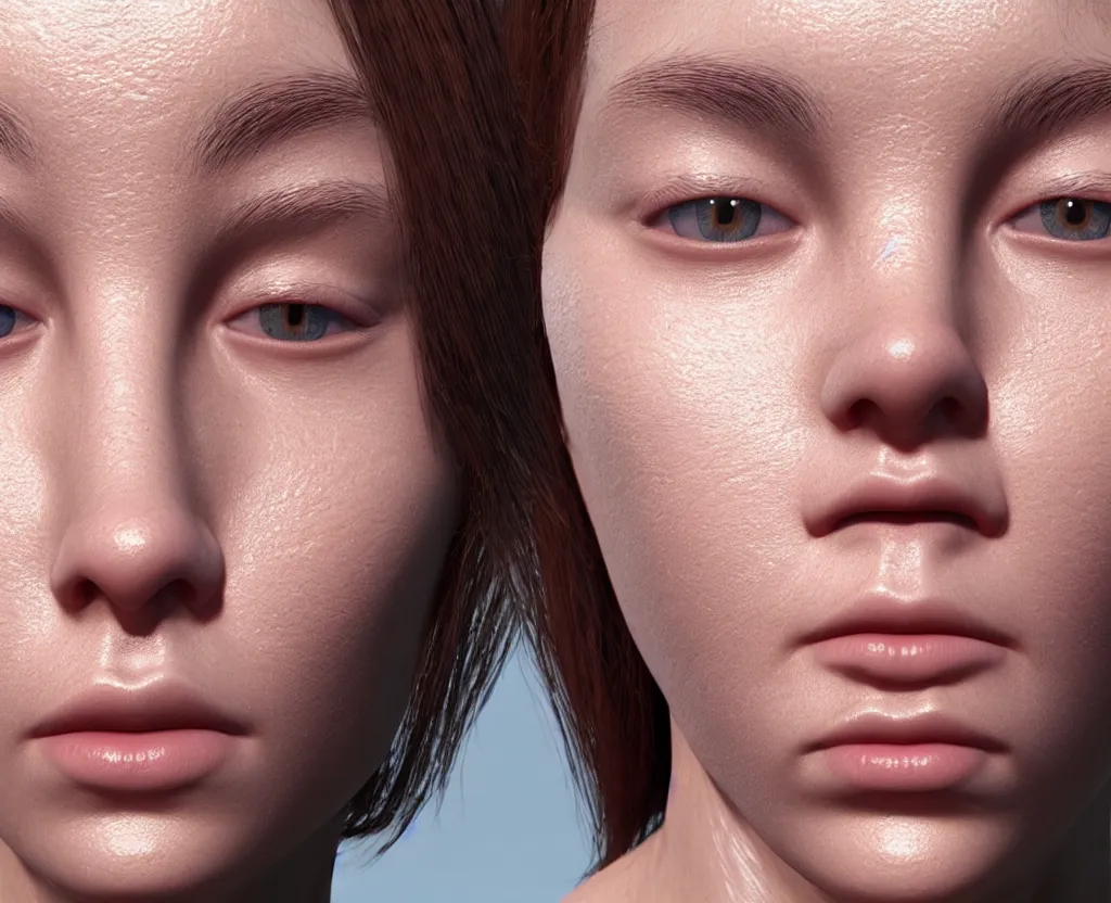 Image similar to realistic skin rendering with pores and flexible skin, hyperrealistic rendering, photorealism, octane, redshift