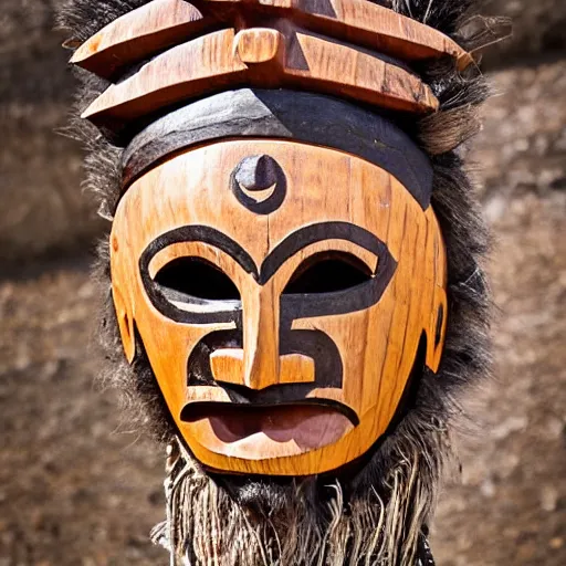 Prompt: aztec man wearing a wooden tribal mask, tribe photography