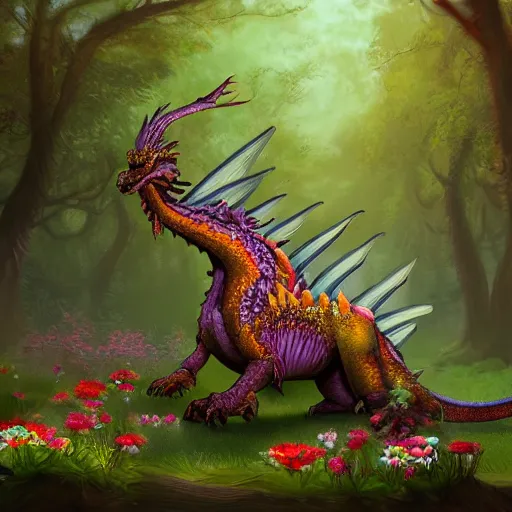 Prompt: a dragon made out of flowers, in a forest glade, 4 k digital artwork, concept art